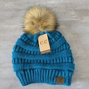 C.C. Teal Knit Pom Hat with Faux Fur